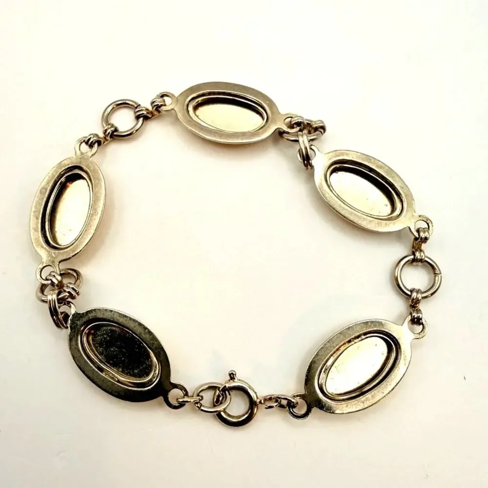 Vintage Mid-Century Silver Tone Floral Etched Oval Panel Chain Bracelet 7